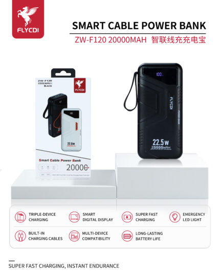 FLYCDI Smart Power Bank 20000mAh – ZW-F120 (22.5W Fast Charge, Built-in Cables, LED Display)