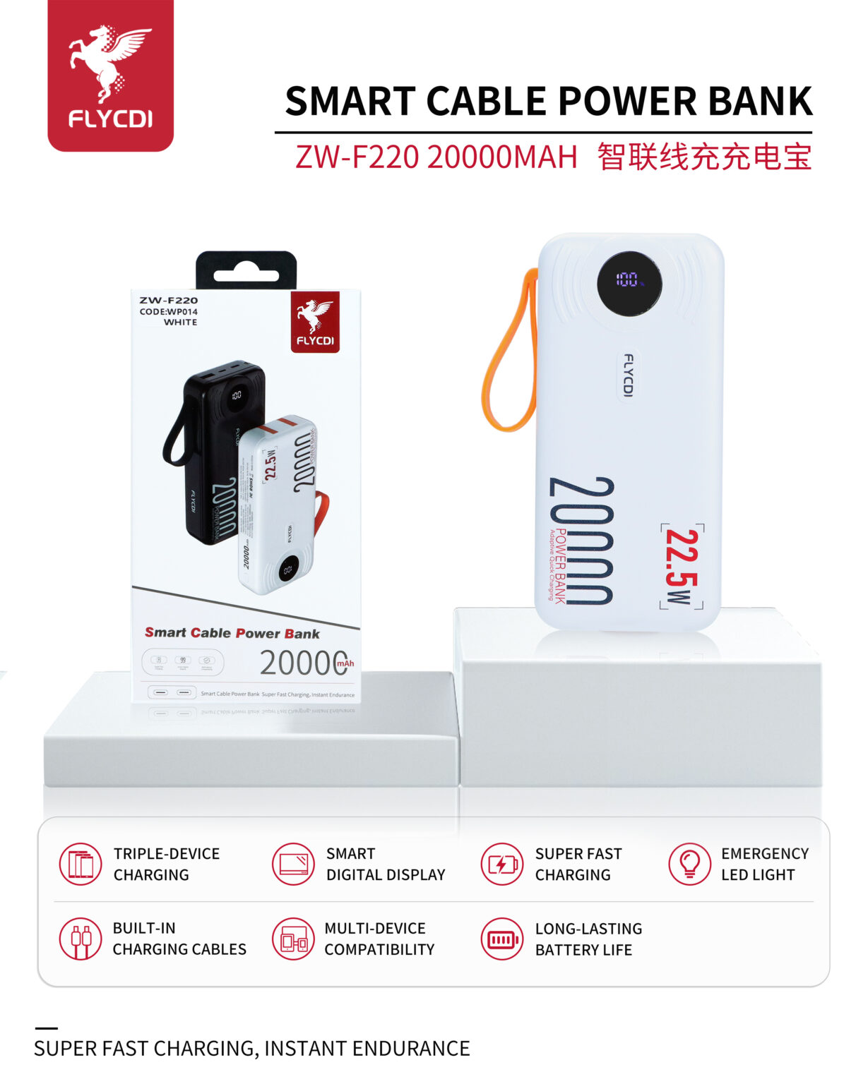 FLYCDI Smart Power Bank 20000mAh – ZW-F220 (Triple Output, LED Display, Built-in Cables) - Image 2