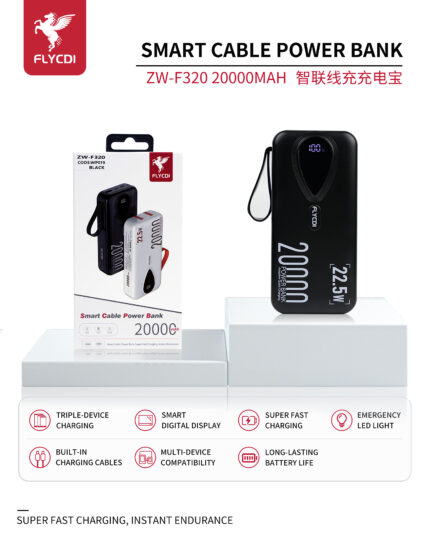 FLYCDI Smart Power Bank 20000mAh – ZW-F320 (Triple Output, LED Display, Built-in Cables)