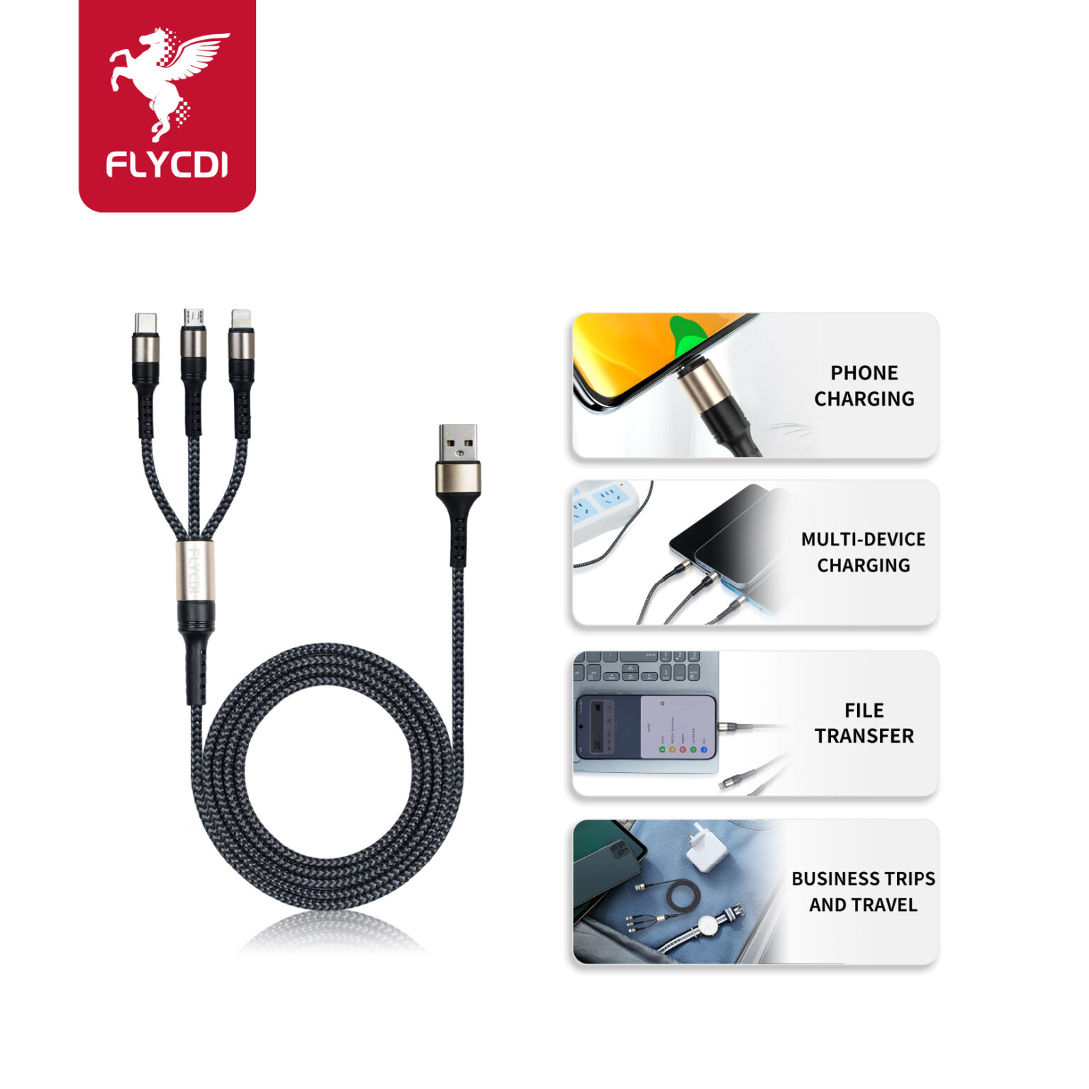 FLYCDI FLK002 3-in-1 Fast Charging Data Cable (USB-A to Lightning / Type-C / Micro) - Image 7