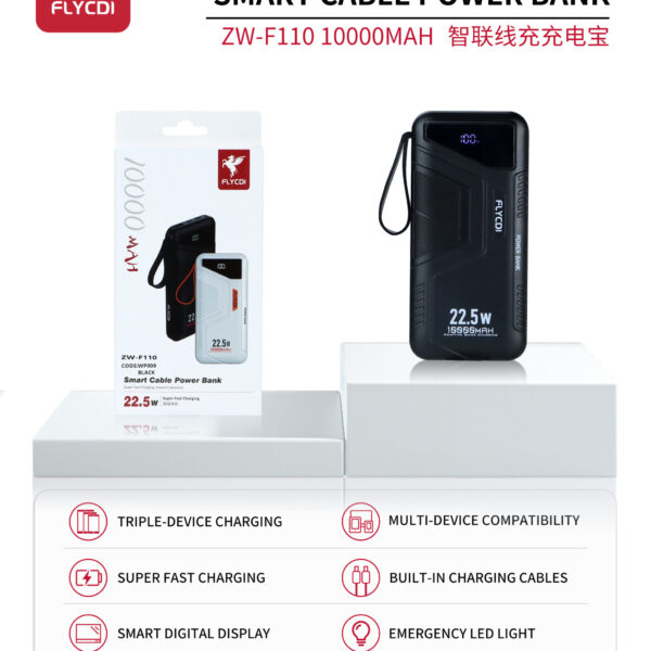 FLYCDI Smart Power Bank 10000mAh – ZW-F110 (22.5W, LED Display, Built-in Cables)