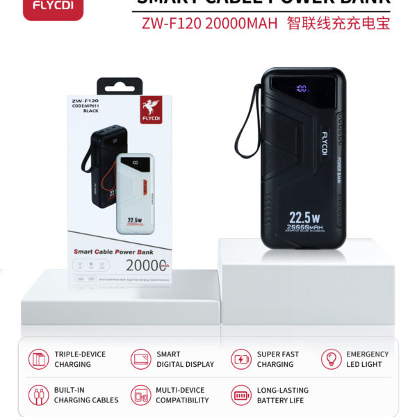 FLYCDI Smart Power Bank 20000mAh – ZW-F120 (22.5W Fast Charge, Built-in Cables, LED Display)