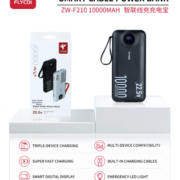 FLYCDI Smart Power Bank 10000mAh – ZW-F210 (Triple Output, LED Display, Built-in Cables)