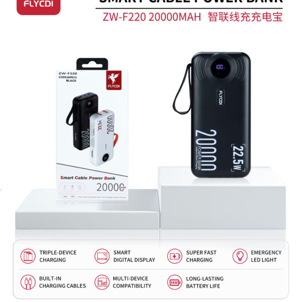 FLYCDI Smart Power Bank 20000mAh – ZW-F220 (Triple Output, LED Display, Built-in Cables)
