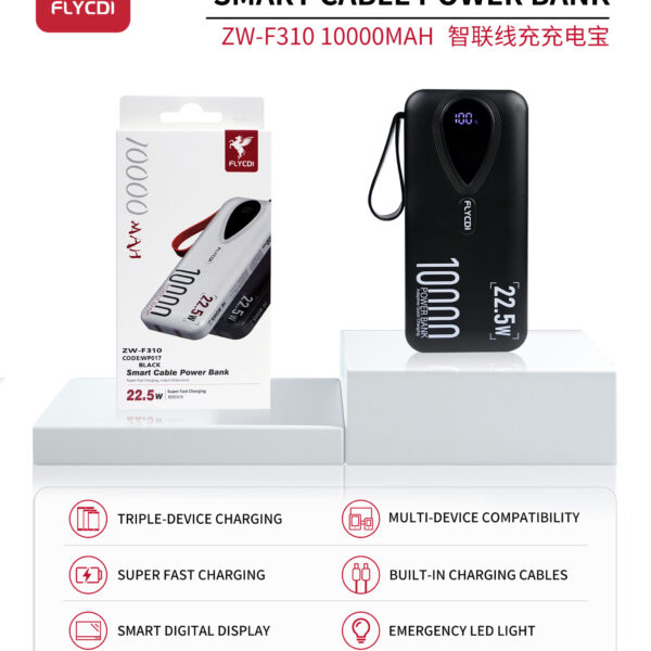 FLYCDI Smart Power Bank 10000mAh – ZW-F310 (Built-in Cables, LED Display, Compact Design)