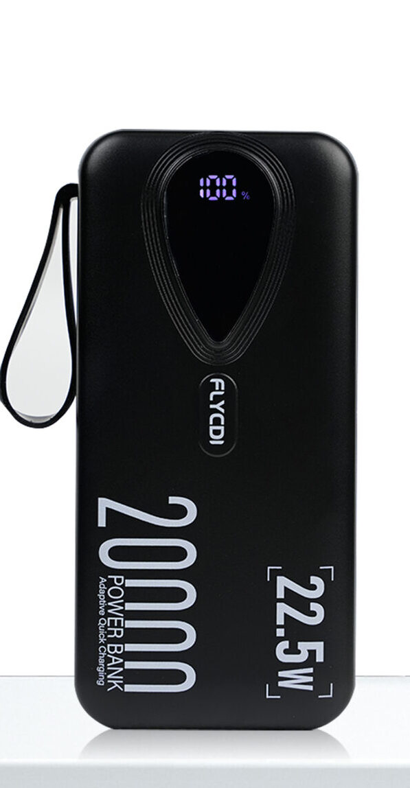 ZW-F320-20000mA-黑-scaled-1.jpg FLYCDI Smart Power Bank 20000mAh – ZW-F320 (Triple Output, LED Display, Built-in Cables) - Image 1
