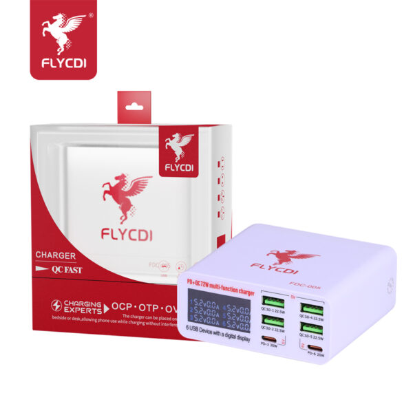 FLYCDI FDC-005 72W 6-Port Digital Display Fast Charger – PD & QC Multi-Function
