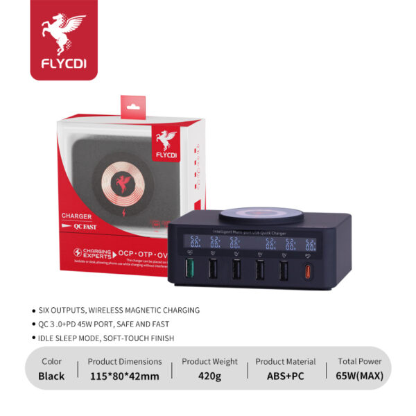 FLYCDI FDC-007 65W 6-Port USB Charger with Wireless Charging & Display