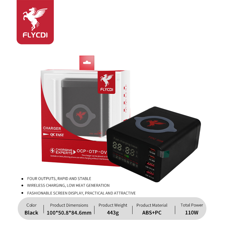 flycdi-fdc-008-110w-wireless-fast-charger-display-1.jpg FLYCDI FDC-008 110W 4-Port Smart Charger with Wireless Charging & Digital Display - Image 1