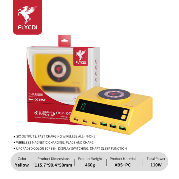 FLYCDI FDC-009 110W 6-Port Desktop Charger with Wireless Charging & Smart Display – Yellow Edition
