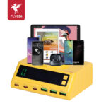 FLYCDI FDC-009 110W 6-Port Desktop Charger with Wireless Charging & Smart Display – Yellow Edition - Image 3