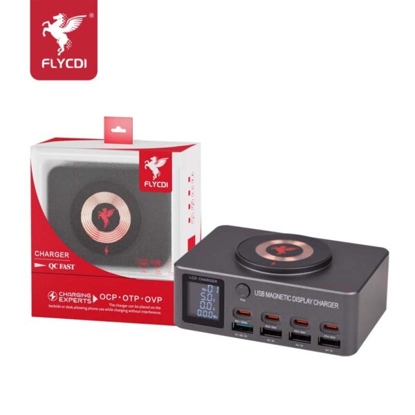 FLYCDI FDC-010 Smart Desktop Charger with LCD & Wireless Charging – 140W Total Output